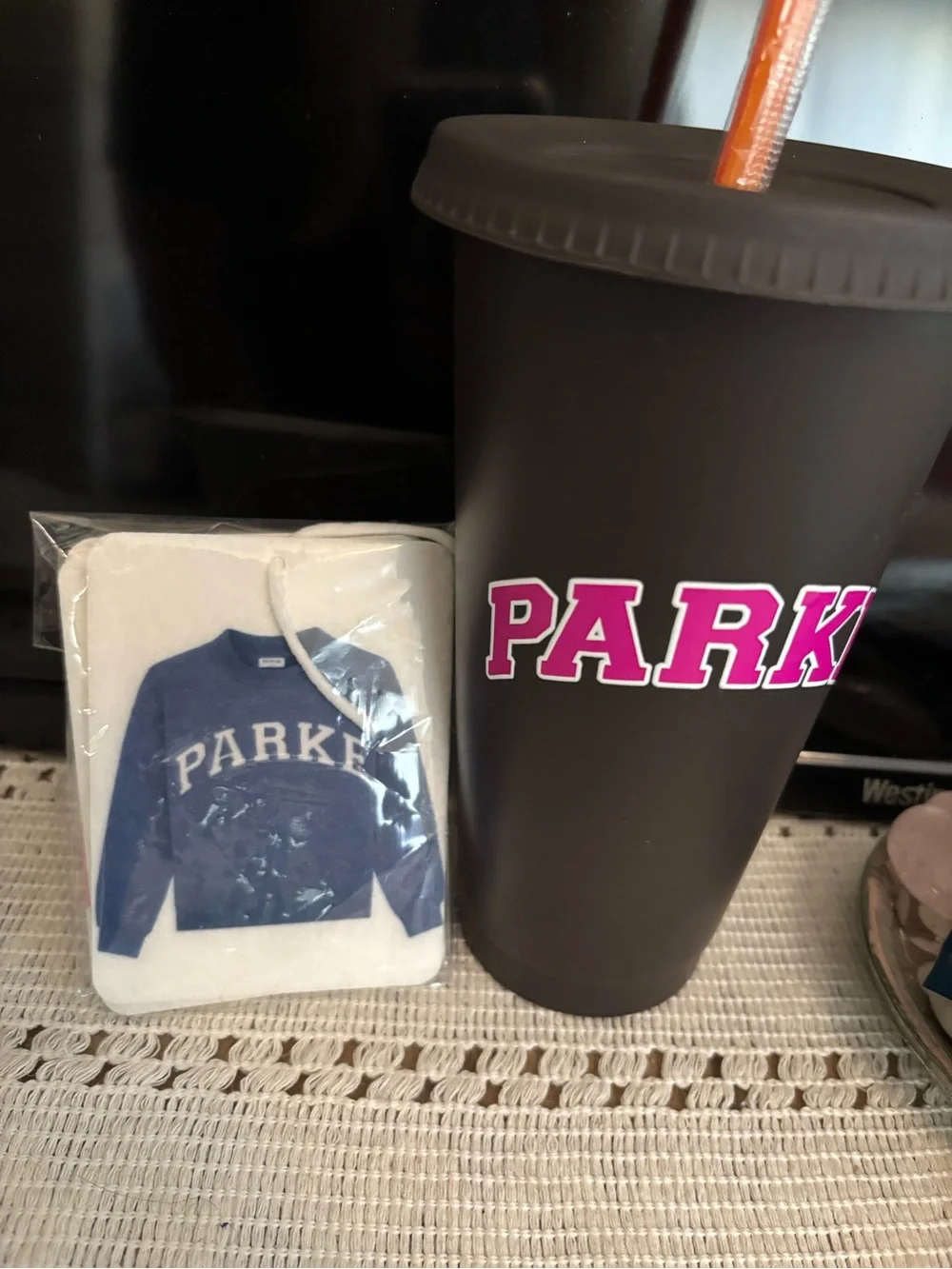 Parke Dunkin Tumbler with Bright Pink Logo and Blue Parke Car Freshener